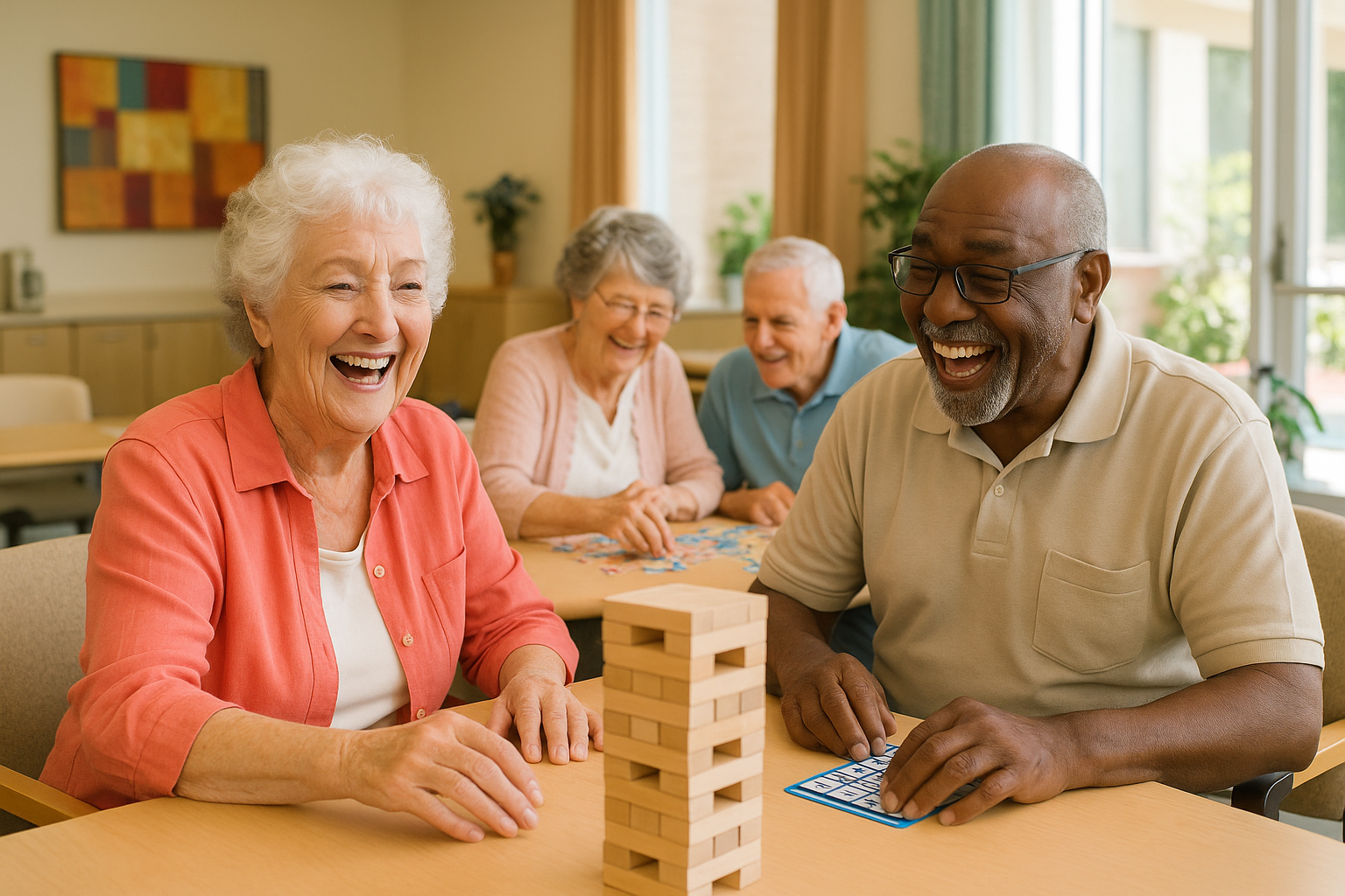 Happy seniors enjoying activities at Joywell Center for Seniors